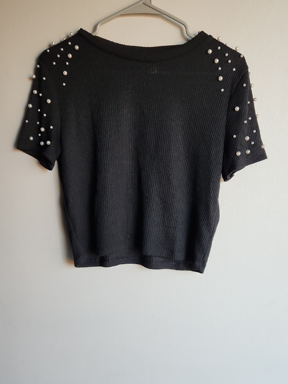 H&M Black Short Sleeve Ribbed Top with Pearl Accents